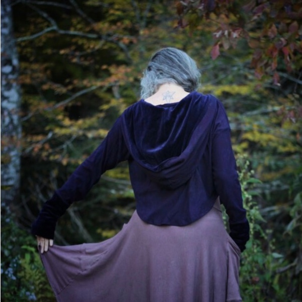 Rabbit’s Path dark violet blue/ purple hoodie.  Hemp stretch& hemp velour accent